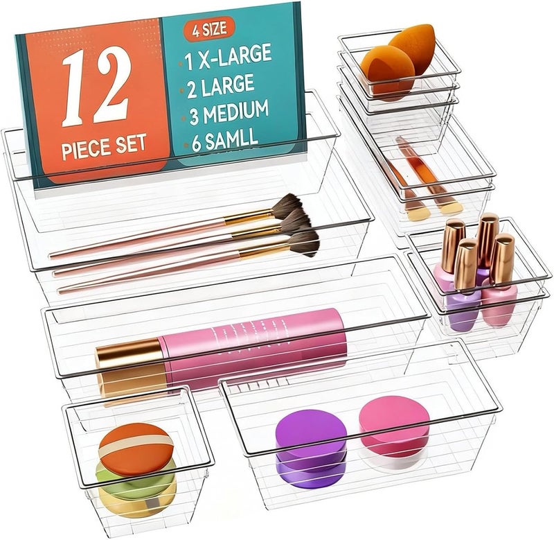 DCA 12 PCS Clear Plastic Drawer Organizer Set, 4 Sizes Makeup organizer, Vanity Organizer for Makeup, Stationery,Gadgets,Kitchen,Bathroom,Office,Bedroom - Image 1